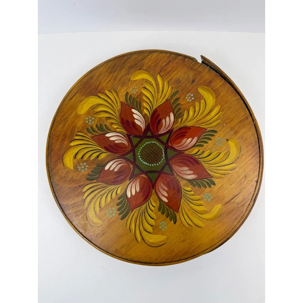 VTG Firkin Hand Painted Wooden Sewing Basket Floral Folk Art Lined Bucket Handle